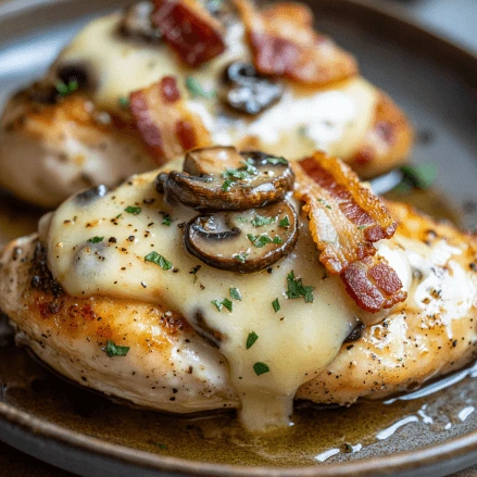 Close-up of Alice Springs Chicken with layers of melted cheese, crispy bacon, and golden-brown mushrooms on a dark plate