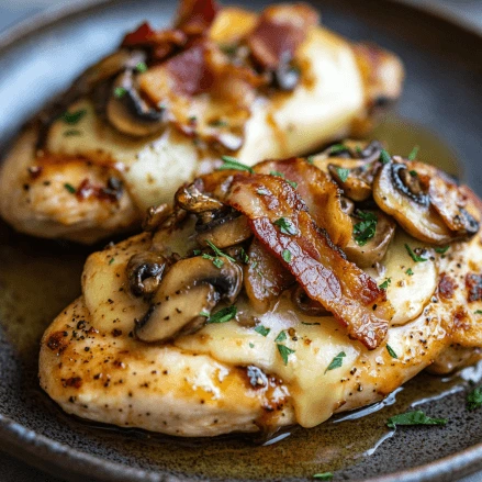 Alice Springs Chicken recipe featuring juicy chicken breasts topped with melted cheese, crispy bacon, and sautéed mushrooms, served on a dark plate.