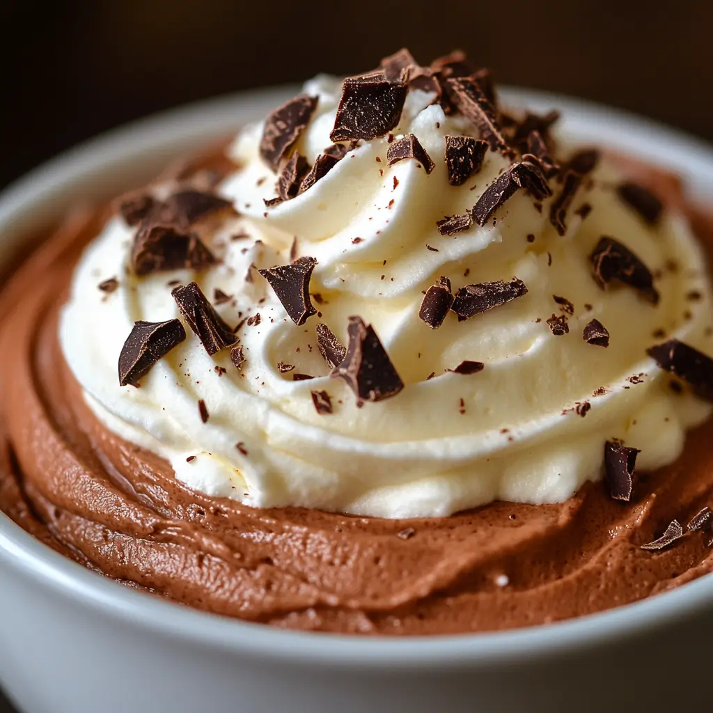 Close-up photo of rich and creamy carnivore chocolate mousse topped with whipped cream and dark chocolate shavings, showcasing its smooth, velvety texture.