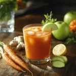 Close-up of a glass of freshly made carrot juice surrounded by fresh carrots, a green apple, ginger, and lemon slices, with ice cubes for a refreshing touch.