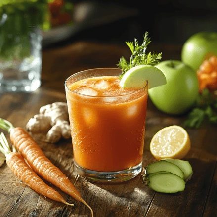 A vibrant, healthy carrot juice with carrots, apple, ginger, and lemon on a rustic wooden table, showcasing fresh ingredients and natural beauty.