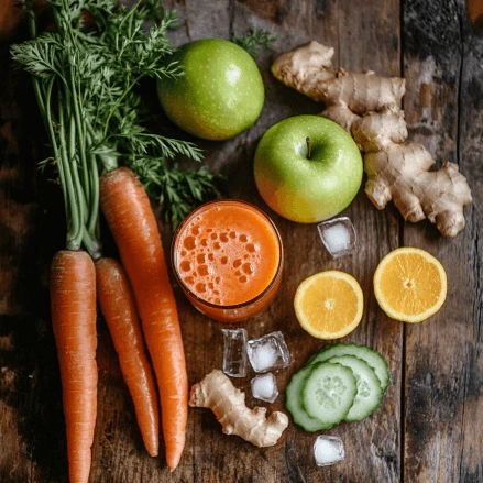 Close-up of a glass of freshly made carrot juice surrounded by fresh carrots, a green apple, ginger, and lemon slices, with ice cubes for a refreshing touch.