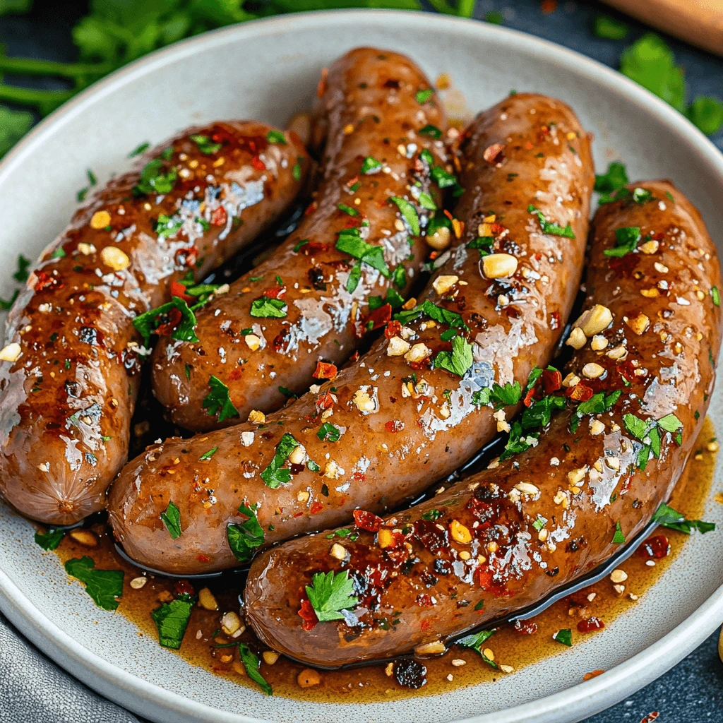 Plate of Honey Garlic Sausages with a sweet soy sauce glaze, garnished with fresh parsley and chili flakes