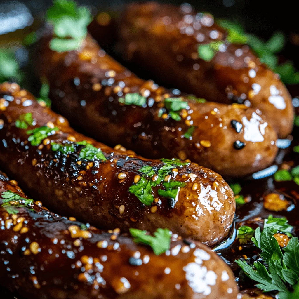 Golden-brown Honey Garlic Sausage Recipe, drizzled with honey and soy sauce, served with a touch of parsley