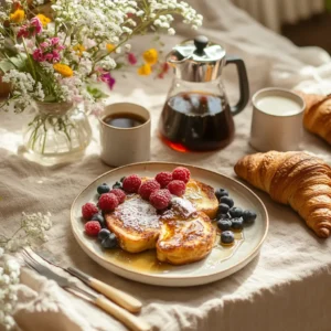 Cozy French breakfast scene with a plate of golden-brown sourdough French toast topped with fresh berries and drizzled with maple syrup. The rustic table also features a croissant, French press, coffee cups, and small flower vases, all bathed in soft, natural light.