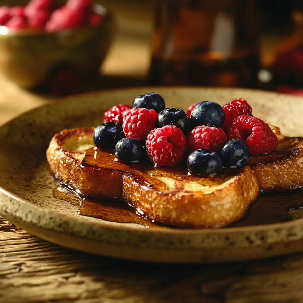 Close-up of golden-brown sourdough French toast slices on a rustic plate, topped with fresh blueberries, raspberries, and strawberries, drizzled with maple syrup. The scene is lit softly, with a warm and inviting atmosphere