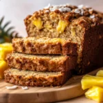 Sliced Gluten-Free Hawaiian Banana Bread with pineapple and coconut on a wooden cutting board.