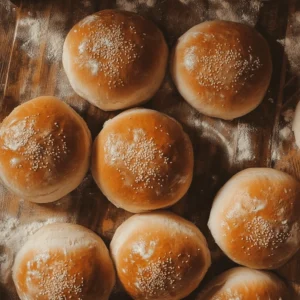 Multiple soft and fluffy sourdough burger buns ready to serve on a kitchen countertop