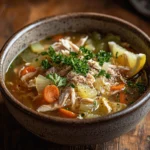 Chicken and cabbage soup in a ceramic bowl with fresh parsley garnish, vibrant vegetables, and a golden broth on a rustic wooden table.
