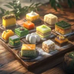 An ultra-realistic image showcasing 10 traditional Asian desserts: Mochi, Mango Sticky Rice, Sesame Balls (Jian Dui), Matcha Green Tea Cake, Leche Flan, Baked Tapioca Pudding, Kue Cubir (Indonesian Layer Cake), Filipino Ube Halaya, Chè Ba Màu (Vietnamese Three-Color Dessert), and Taiyaki, arranged beautifully on a rustic wooden table