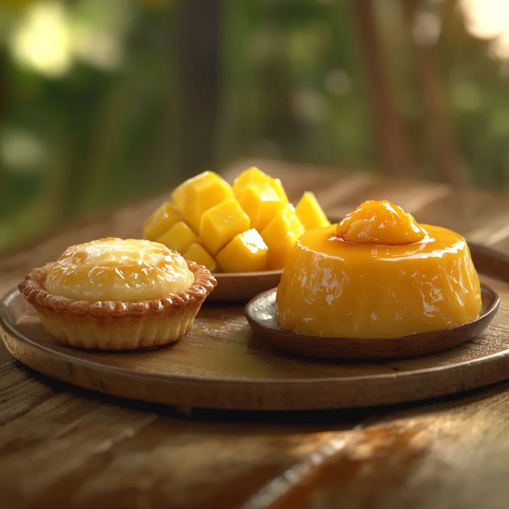 An ultra-realistic image of three traditional Asian desserts: Chinese egg tart, Thai mango sticky rice with coconut milk, and Filipino leche flan, beautifully arranged on a wooden table.