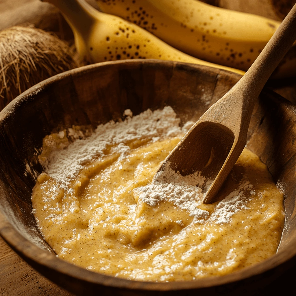 Mixing bowl with mashed bananas, eggs, flour, and sugar, highlighting the simple 4-ingredient banana bread recipe in progress