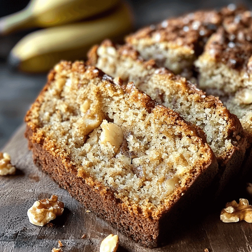 Close-up of moist 4 ingredient banana bread with chopped nuts, showcasing its golden crust and soft texture, surrounded by walnuts and ripe bananas.