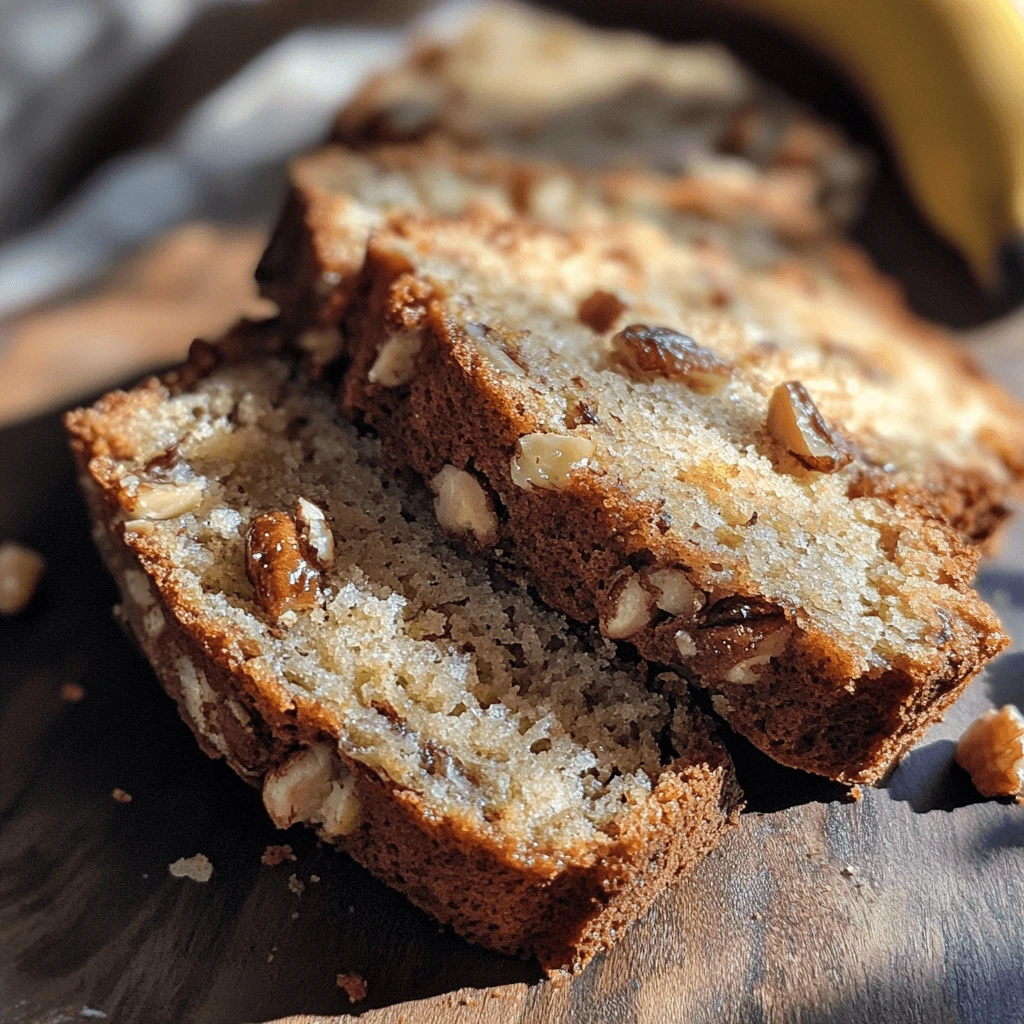 Freshly baked banana bread loaf sliced on a wooden board, showcasing its moist and fluffy texture, ready to serve.