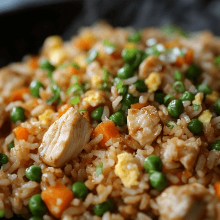 Stir-frying Benihana chicken fried rice with vegetables, rice, and soy sauce in a hot wok.