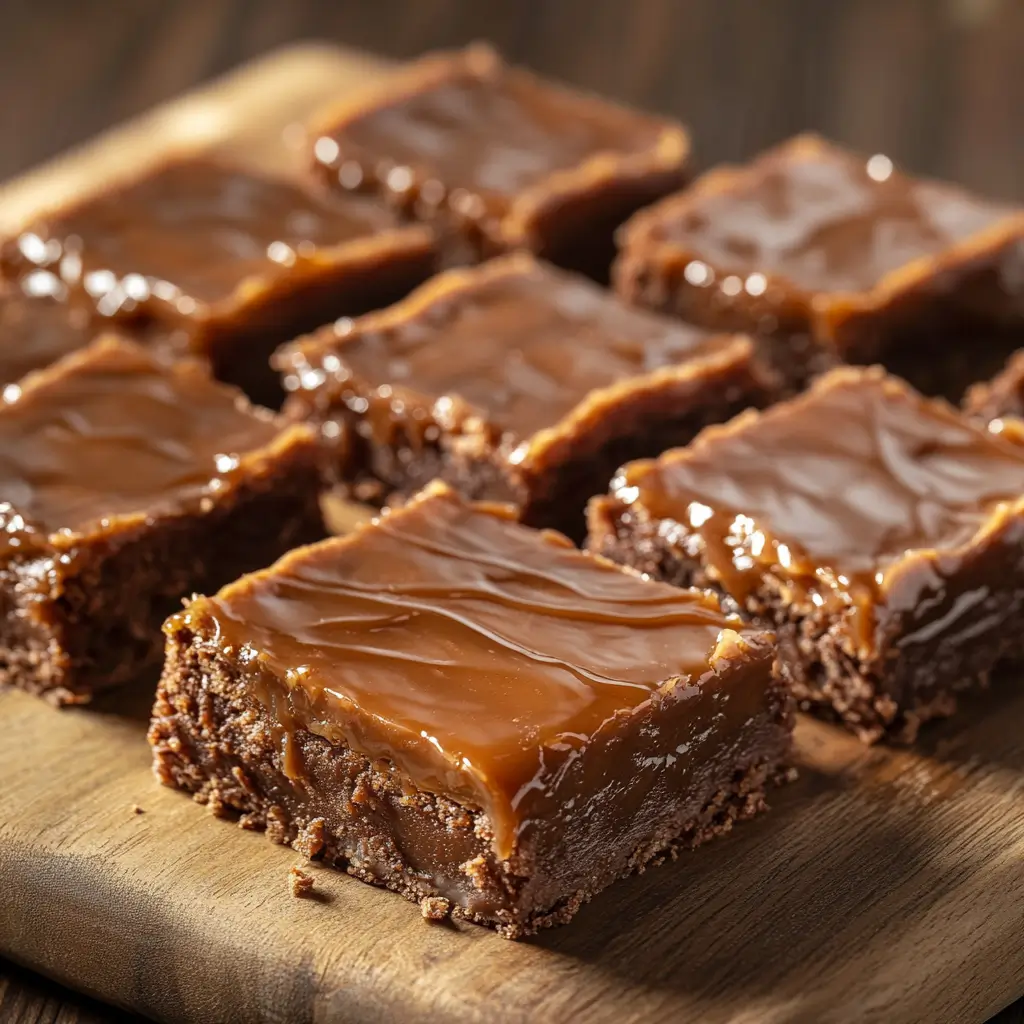 Close-up photo of dense, meat-based carnivore dessert bars made with beef, eggs, and butter, cut into squares and garnished with a light drizzle of caramel or chocolate.