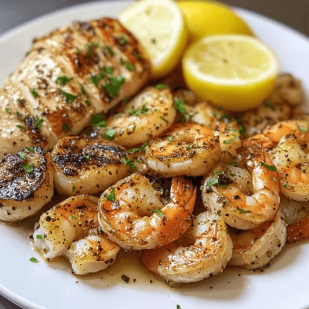 Deliciously cooked garlic butter chicken and shrimp on a plate, garnished with fresh parsley and served with a side of rice.