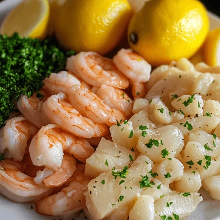 Fresh ingredients for Garlic Butter Chicken and Shrimp: chicken breasts, shrimp, garlic, lemon, butter, and parsley ready for cooking.