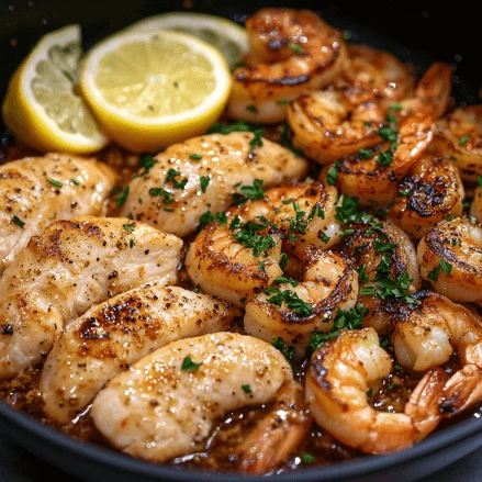 Garlic Butter Chicken and Shrimp sizzling in a skillet, garnished with fresh parsley and ready to be served.