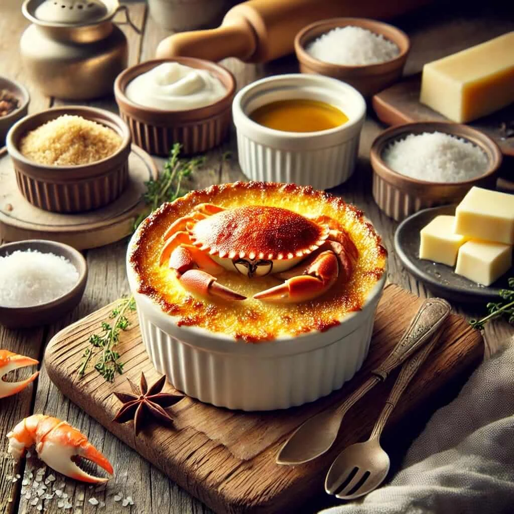 A close-up of Crab Brûlée served in elegant ramekins, topped with a golden, caramelized crust. Surrounding the dish are fresh ingredients like crab meat, heavy cream, Parmesan cheese, Dijon mustard, butter, and salt. The image is softly lit with natural light, creating a cozy, inviting atmosphere.