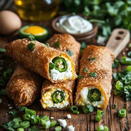 Close-up of a crispy golden goat cheese jalapeño egg roll, split open to reveal creamy goat cheese and spicy jalapeños inside. Surrounded by fresh ingredients like chopped green onions, cilantro, a cracked egg, and a small bowl of cream cheese, set on a rustic wooden surface. Perfect for a delicious, spicy appetizer or snack, with natural lighting showcasing the texture and vibrant colors.