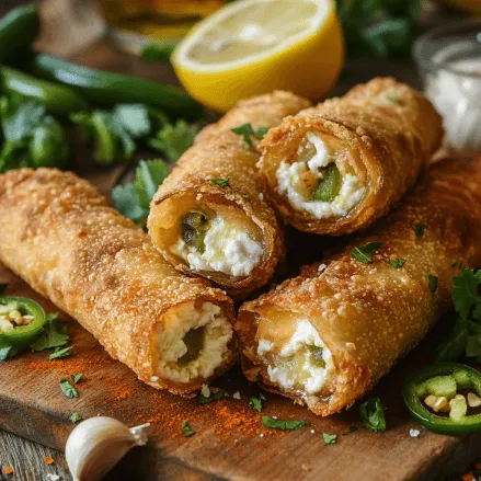 Crispy golden goat cheese jalapeño egg roll with a creamy filling of goat cheese and chopped jalapeños, surrounded by fresh ingredients like green onions, cilantro, and a cracked egg. Perfect for a spicy appetizer or snack, served on a rustic wooden surface with natural lighting highlighting the texture and freshness