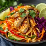A fresh and colorful curry noodle salad featuring thinly sliced bell peppers, julienned carrots, spiralized cucumber, and a rich peanut curry dressing.