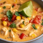 A bowl of creamy Chicken Poblano Soup with chunks of chicken, corn, and roasted poblano peppers, topped with cilantro and a lime wedge.