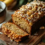 Freshly baked Hawaiian banana bread on a wooden board, with golden-brown crust and visible chunks of pineapple and coconut