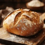 A golden-brown, freshly baked sourdough bread with beautiful scoring on top, sitting on a wooden cutting board in a rustic kitchen.