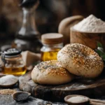 Golden, crispy sourdough bagels surrounded by essential ingredients like flour, baking soda, and sourdough starter, ready for a perfect baking experience.