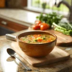 Bowl of hearty soup with fresh vegetables, perfect for a quick family meal.