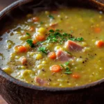 Hearty French Canadian Split Pea Soup in a rustic bowl, featuring split peas, smoked ham, and fresh vegetables like carrots and celery.