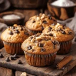 Close-up view of several sourdough banana muffins, showcasing their golden-brown crust and fluffy interior. Some muffins feature chocolate chips or nuts, with melted butter glistening on top. Ingredients such as sourdough starter and sugar are artistically placed nearby, creating a cozy, homemade vibe