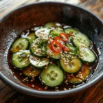 Delicious Din Tai Fung cucumber salad with cucumbers, a savory dressing, and chili garnish, perfect for a refreshing appetizer.