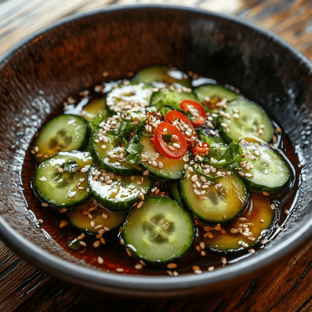 Delicious Din Tai Fung cucumber salad with cucumbers, a savory dressing, and chili garnish, perfect for a refreshing appetizer.