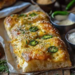 Rustic, golden vegan jalapeño cheese artisan bread with sesame seeds and surrounding ingredients like flour, yeast, and olive oil.