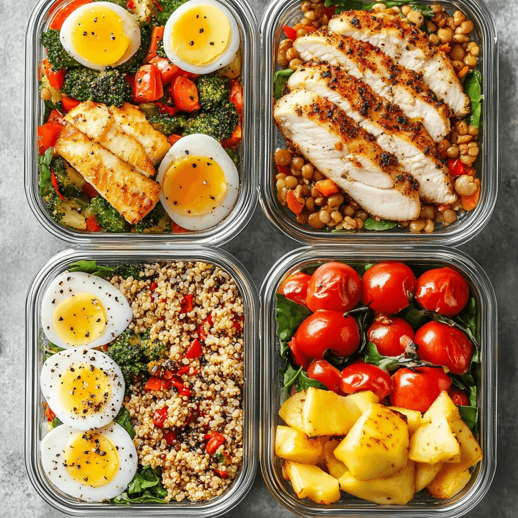 Healthy and colorful high-protein meal prep recipes including a vegan tofu stir-fry, chicken quinoa bowl, salmon dinner, and overnight oats.