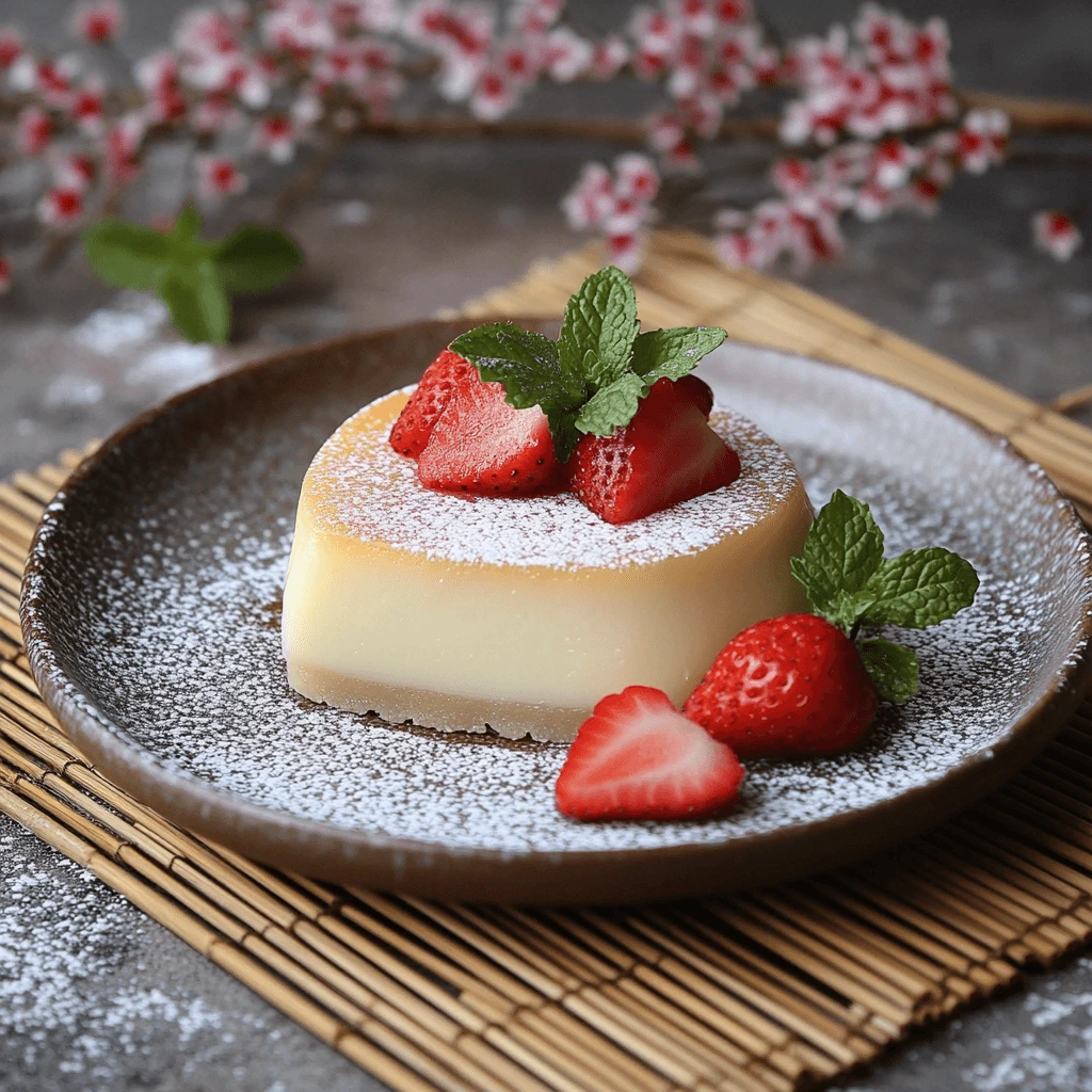 close-up of a delicate Mochi Cheesecake, highlighting the smooth cheesecake filling wrapped in a chewy mochi layer, served on a minimalist plate with a dusting of sugar and vibrant fruit accents.