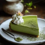 A close-up of a rich, velvety Matcha Cheesecake showcasing its smooth surface and vibrant green color, dusted lightly with matcha powder and served on a minimalist ceramic plate.