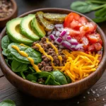 Close-up of a burger bowl filled with ground beef, avocado, leafy greens, tomato, and red onion, topped with pickles and mustard.