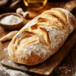 Artisan Italian bread with a golden crust and soft interior, surrounded by baking ingredients including flour, yeast, and olive oil.