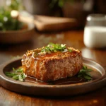 Close-up of Lipton Onion Soup meatloaf with ground beef, breadcrumbs, Worcestershire sauce, and ketchup served on a wooden plate.
