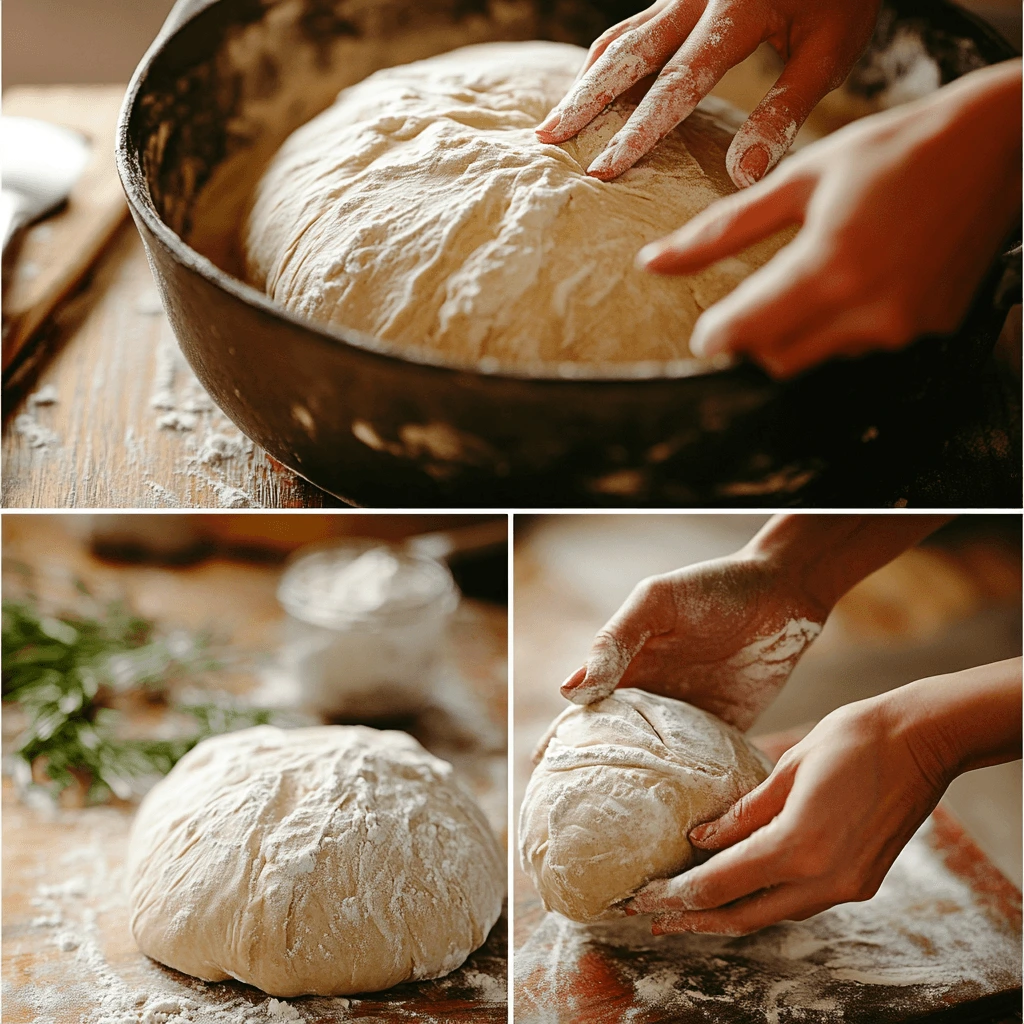 A step-by-step guide showing a woman’s hands making sourdough bread, from mixing the dough to shaping, scoring, and baking the loaf.