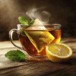Close-up of a cup of Honey Citrus Mint Tea with honey swirling into the hot water, garnished with fresh mint leaves and lemon slices. Natural light highlights the steam rising from the tea.