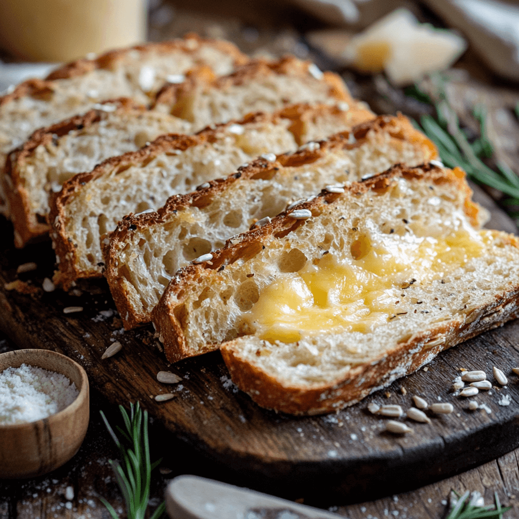 Close-up of freshly sliced sourdough quick bread with a golden crust, showing soft, fluffy interior and scattered ingredients like sunflower seeds and rosemary.