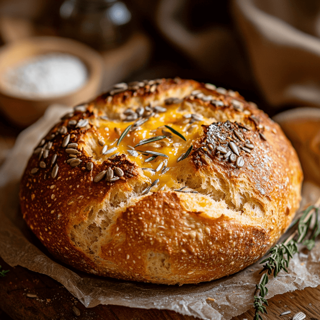 Whole loaf of freshly baked sourdough quick bread with a golden, crispy crust, resting on a rustic wooden surface surrounded by ingredients like flour, buttermilk, and rosemary.