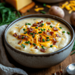 Delicious bowl of creamy 4 ingredient potato soup with bacon bits, cheddar cheese, and chives, served in a rustic bowl on a wooden table