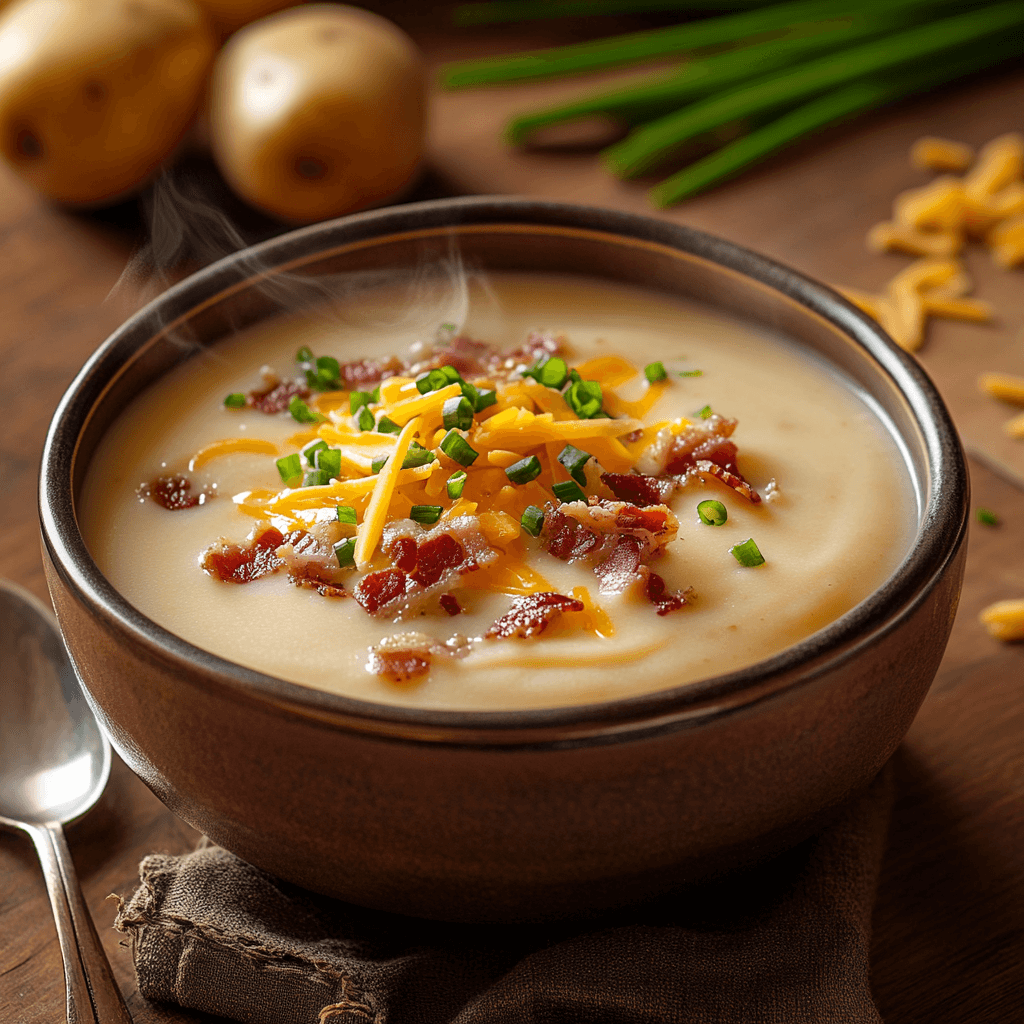 Close-up of a creamy 4-ingredient potato soup topped with crispy bacon, shredded cheddar cheese, and fresh chives, served in a rustic bowl on a wooden table.