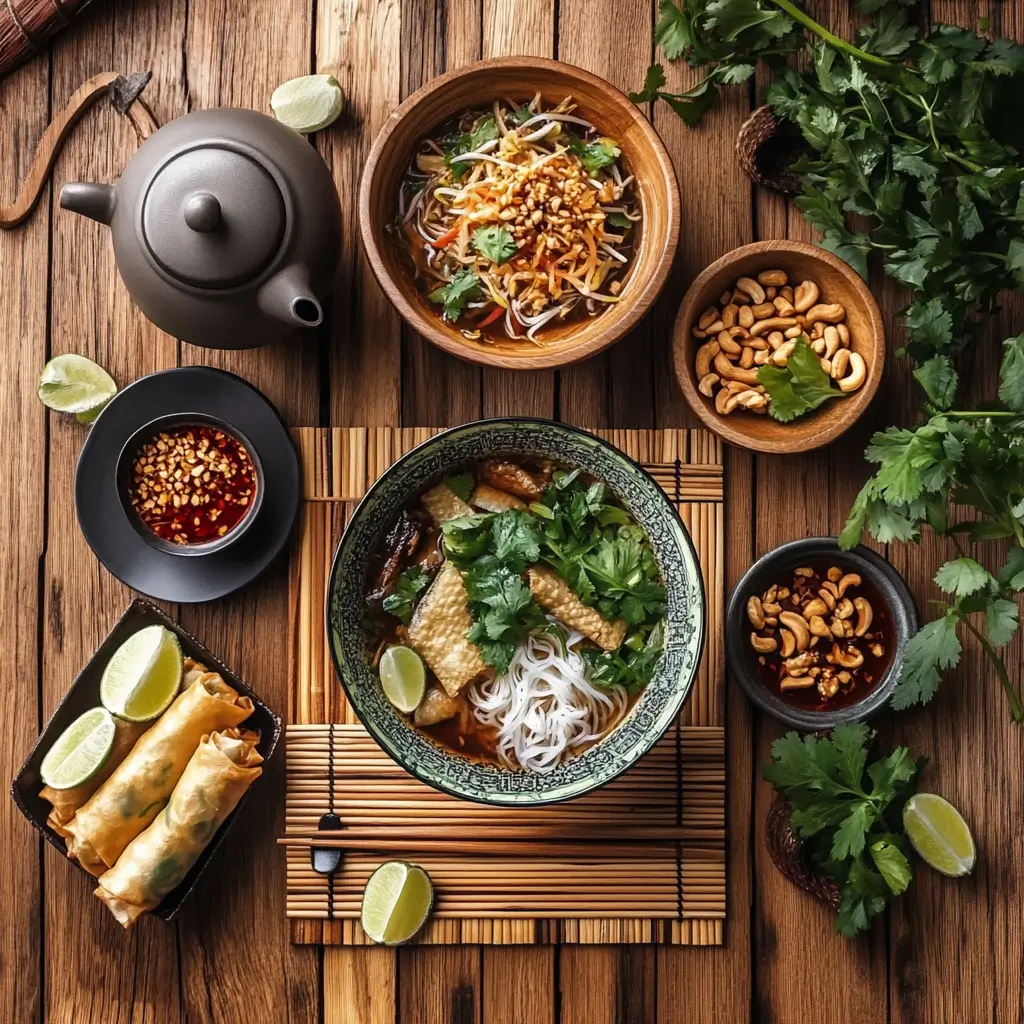 A beautifully set Asian dining table featuring a bowl of pho, crispy spring rolls, and Pad Thai with authentic garnishes.